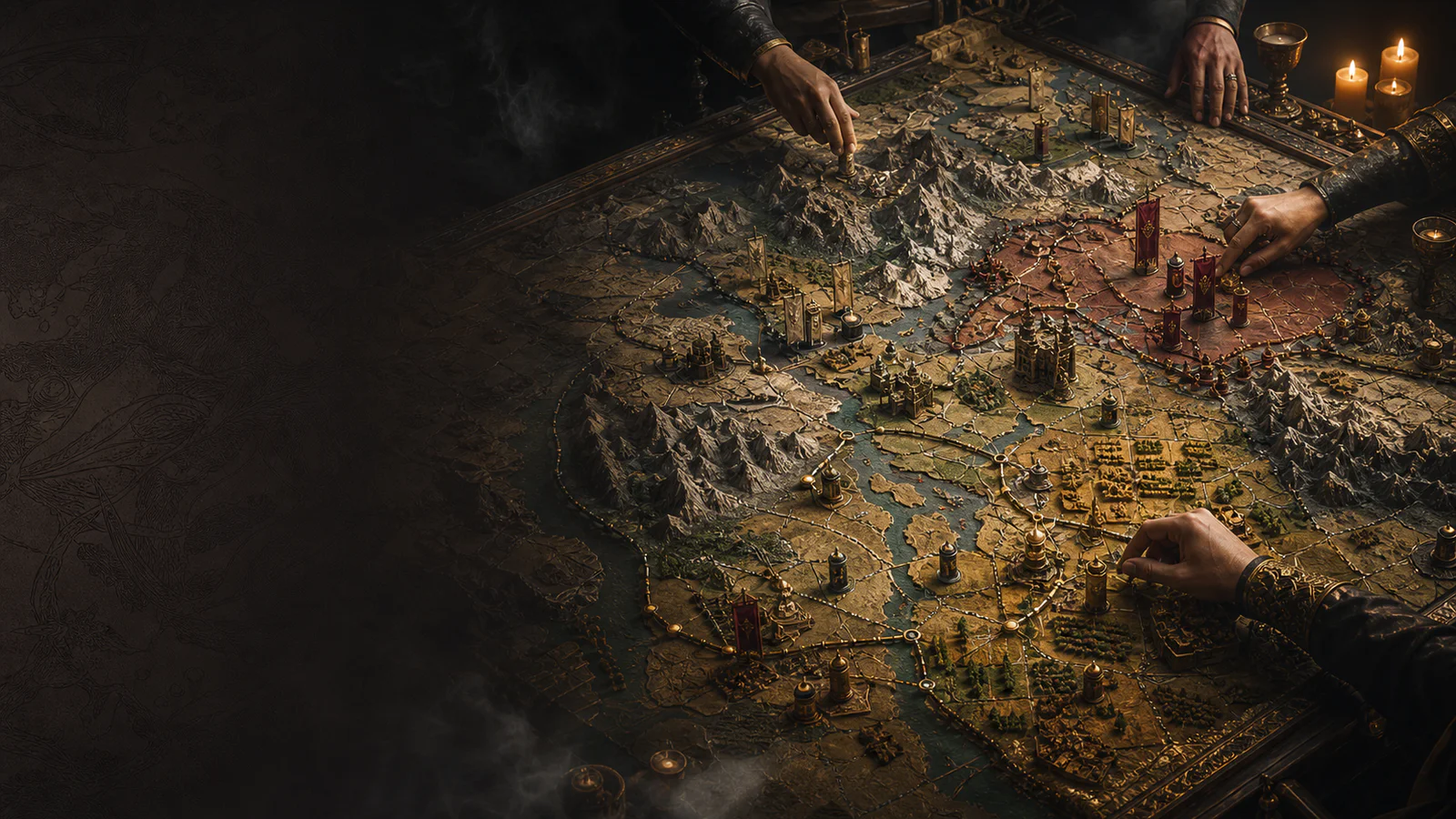 Hands move armies and economic markers across a sculpted empire map in a candlelit strategy chamber.
