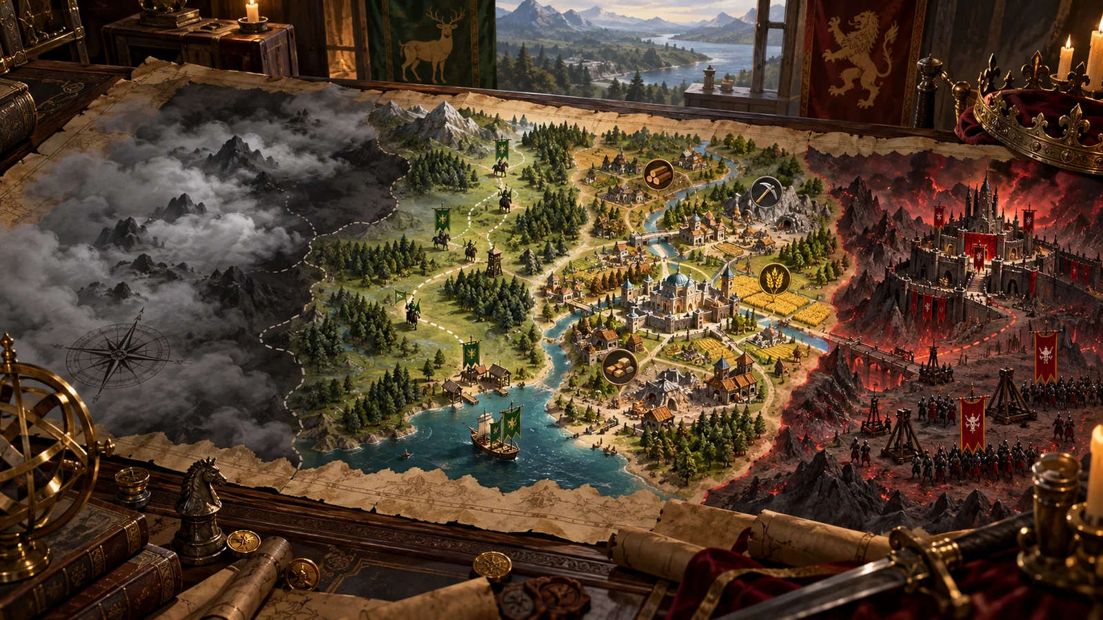 Four stages of a 4X empire across a living map